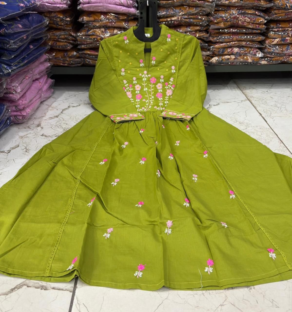 Green Cotton Embroidered Kurti Set with Pant & Dupatta